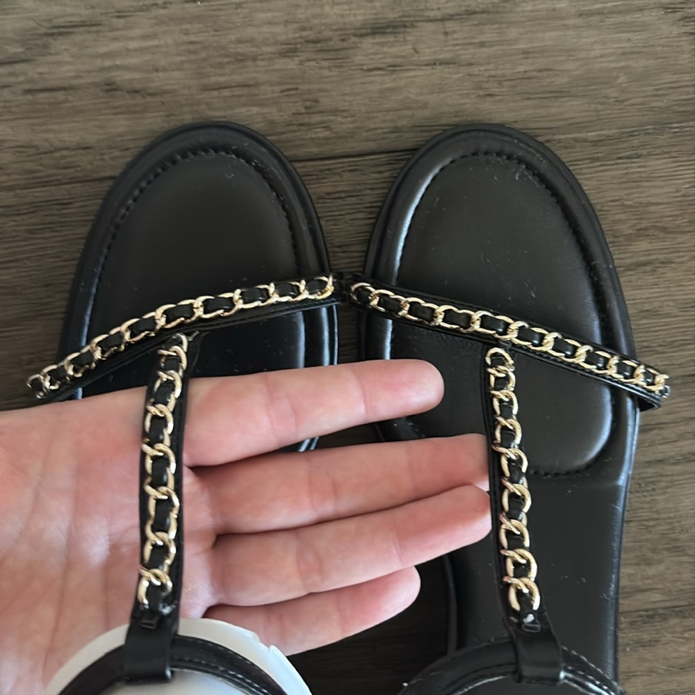 NEW [Anne Klein] Sloan Chain Wedge Padded Heel Sandals Black/Gold Women’s Sz 10 - Picture 7 of 12